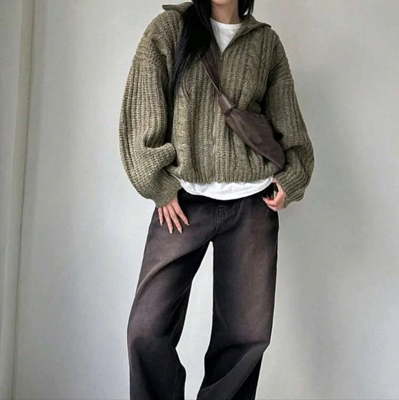 Drop Shoulder Zipper Front Cardigan - Picture 4 of 5